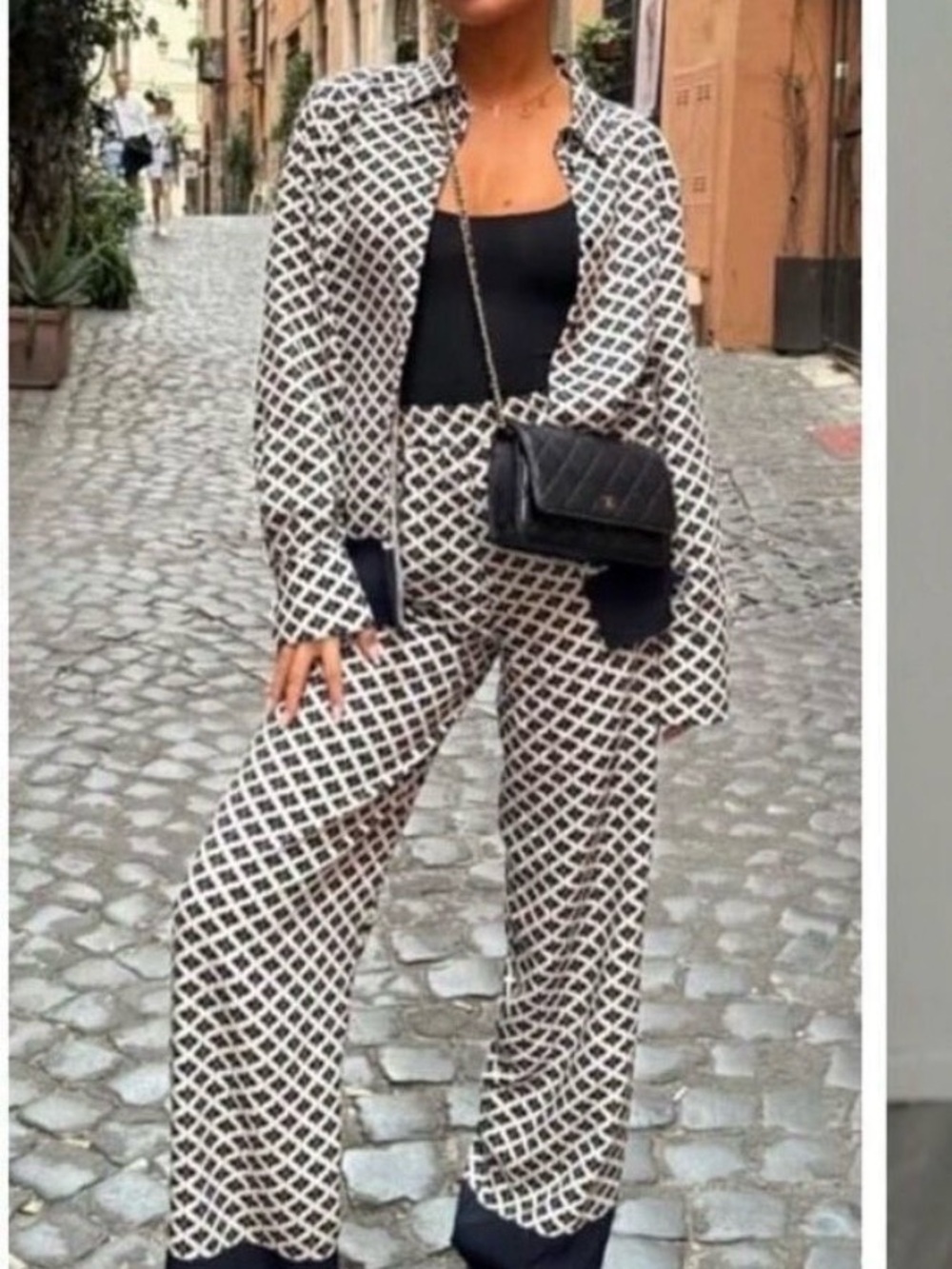 Zara Black and Cream Wide-Leg Printed Pants Set
